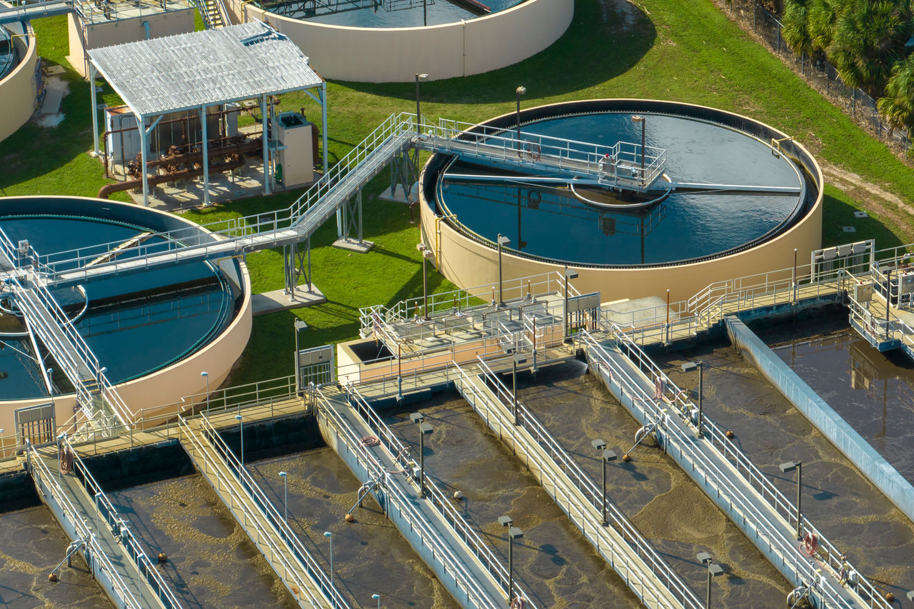 Aerial view of modern water treatment facility