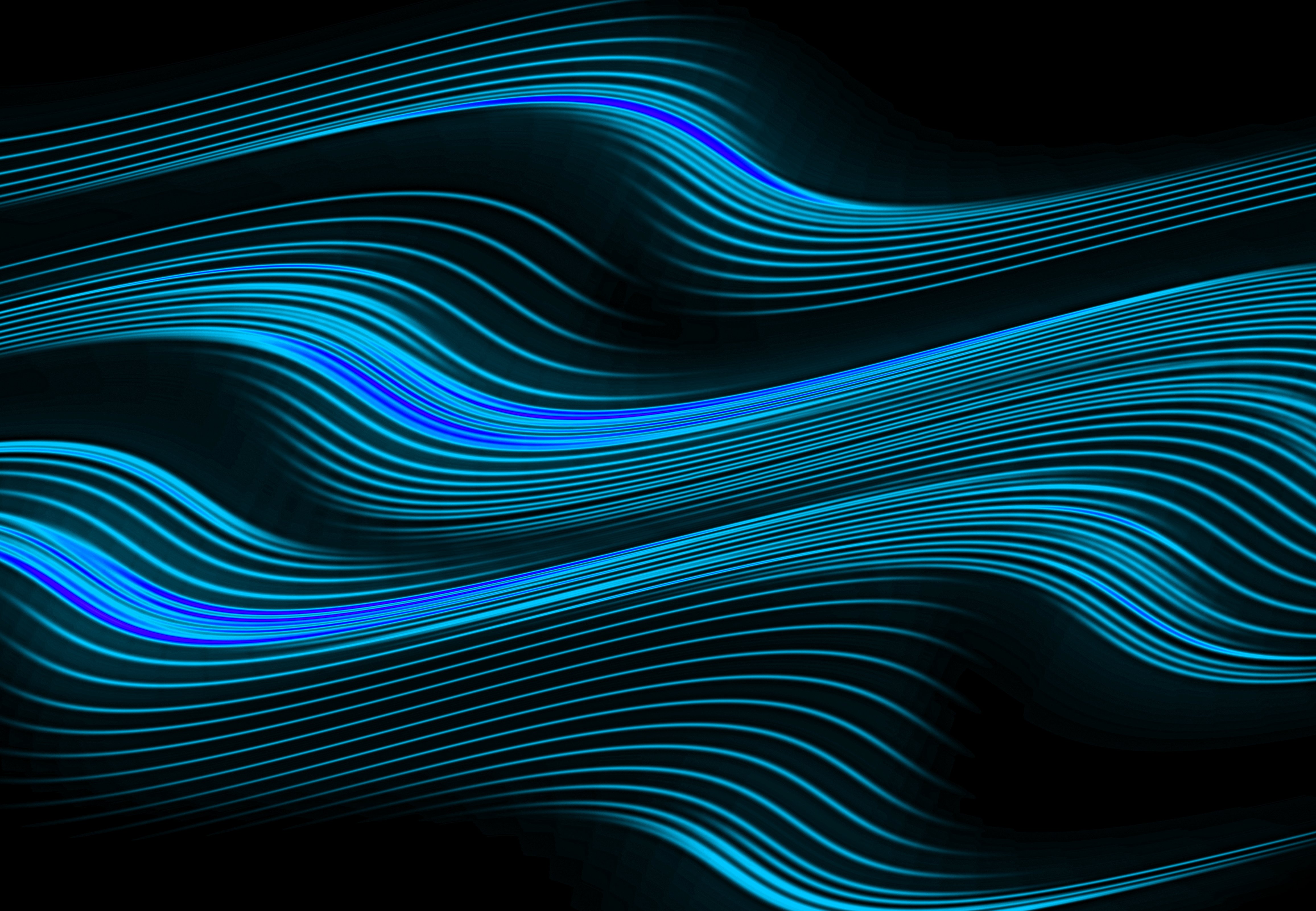 An abstract digital illustration features flowing blue neon lines on a dark background. The curved lines create a wave-like pattern that suggests motion and energy. Bright cyan and electric blue tones contrast sharply with the black backdrop, giving the image a futuristic feel. The overall composition emphasizes rhythm, fluidity, and modern digital aesthetics.